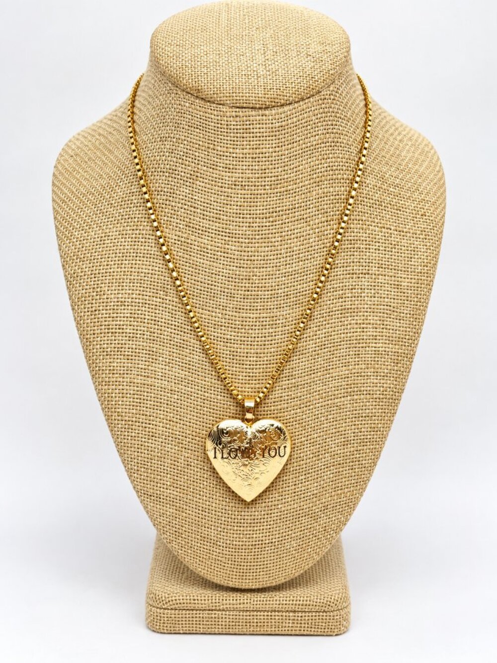 VINTAGE HEART LOCKET I Love You Gold Tone Ornate Scroll Box Chain Necklace